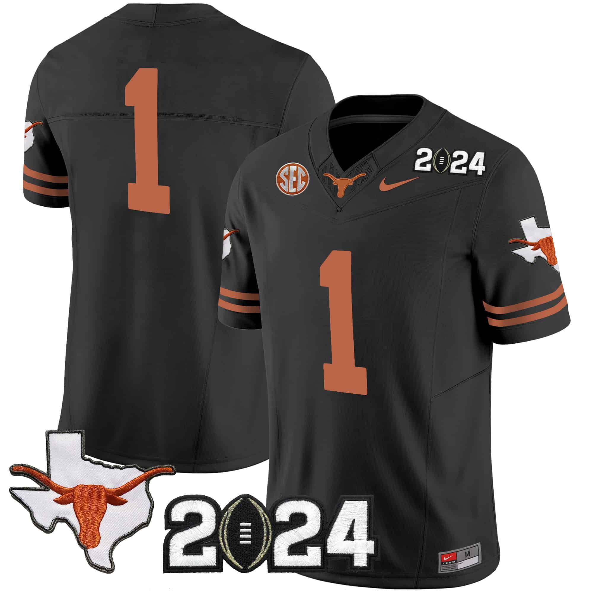 Men Texas Longhorns #1 No Name Black 2024 Nike Vapor Limited NCAA Jersey style 1